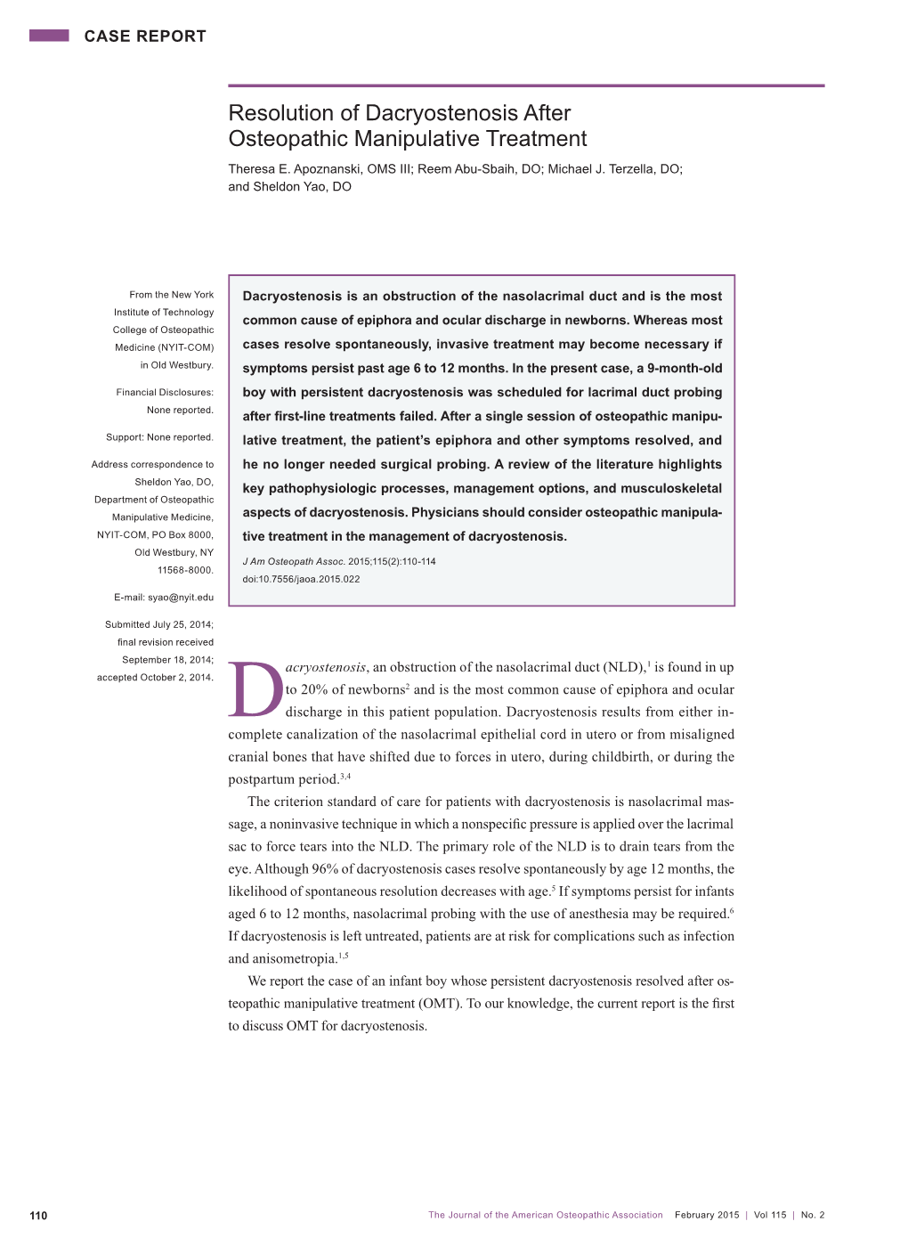 Resolution of Dacryostenosis After Osteopathic Manipulative Treatment Theresa E