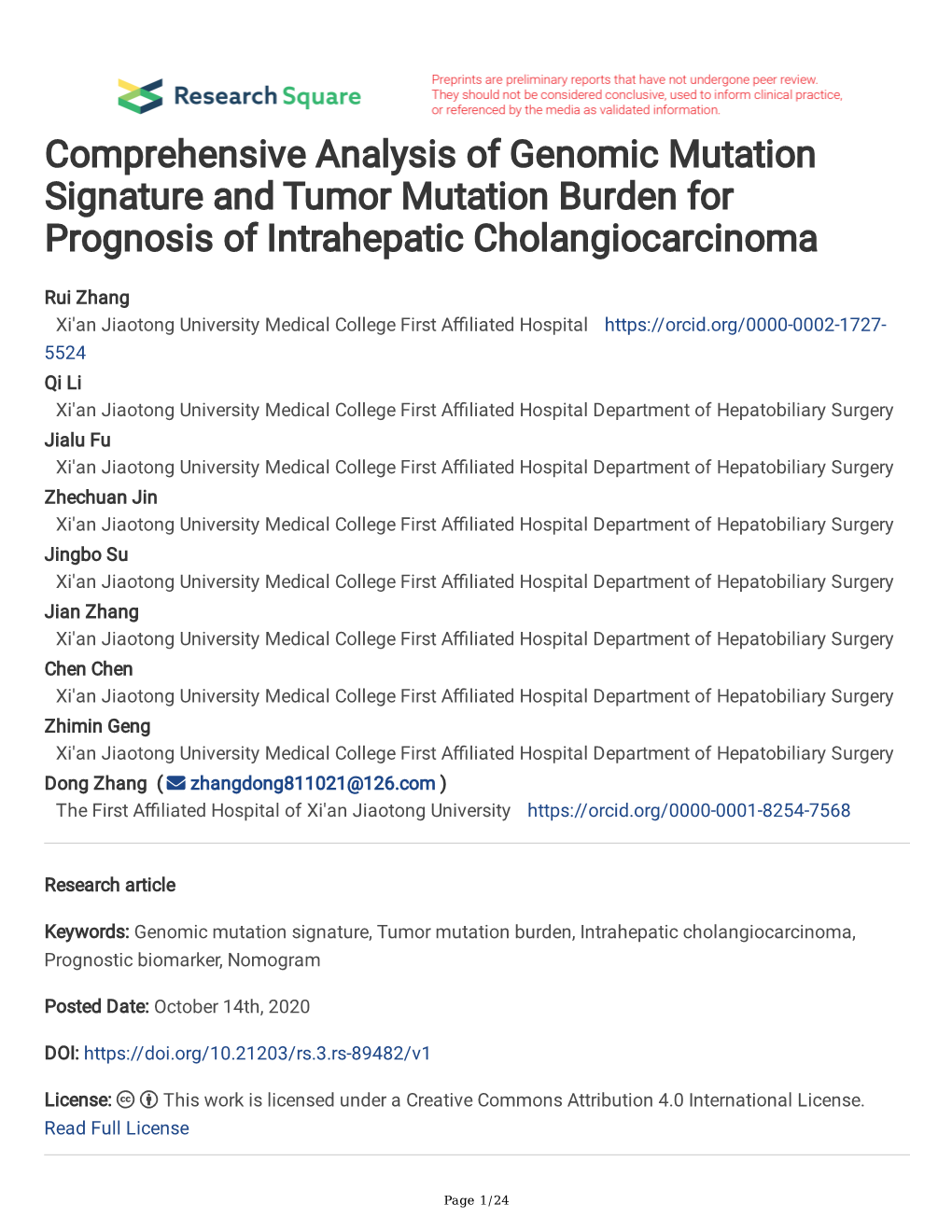 Comprehensive Analysis of Genomic Mutation Signature and Tumor Mutation Burden for Prognosis of Intrahepatic Cholangiocarcinoma