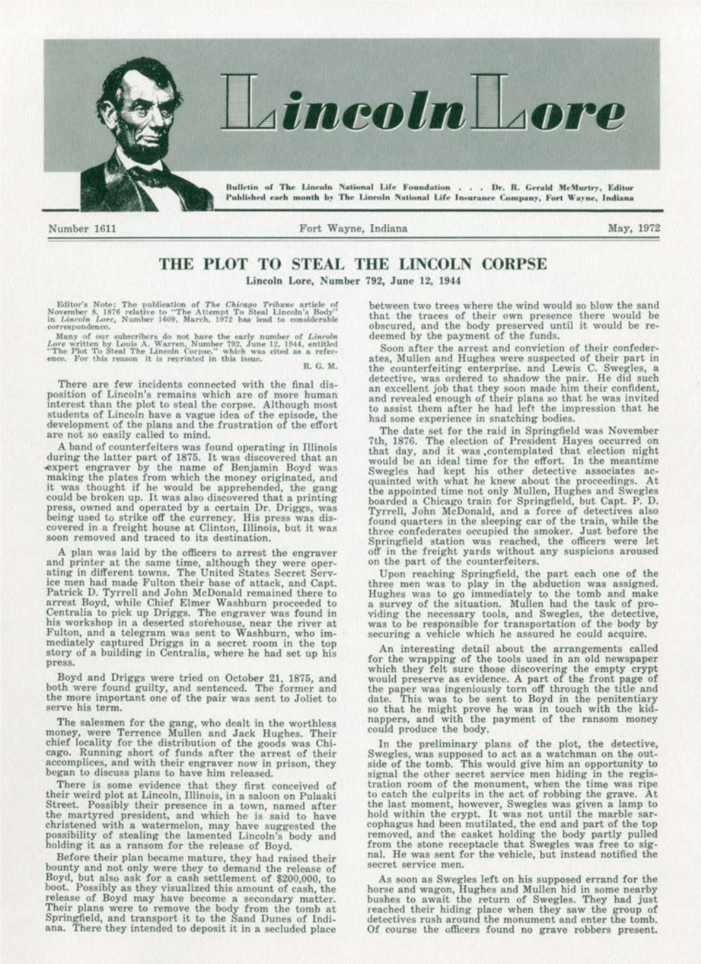 THE PLOT to STEAL the LINCOLN CORPSE Lincoln Lore, Number 792, J Une 12, 1944