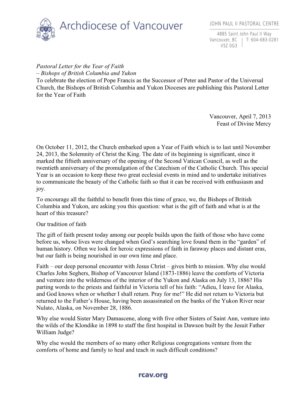 Pastoral Letter for the Year of Faith – Bishops of British Columbia and Yukon to Celebrate the Election of Pope Francis As