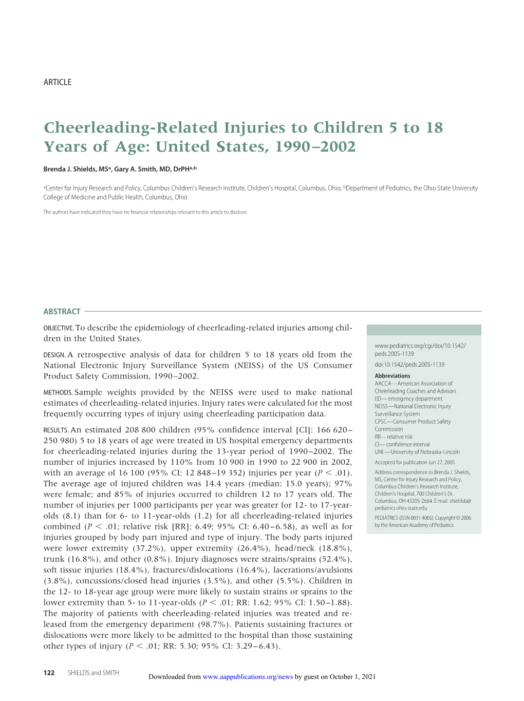 Cheerleading-Related Injuries to Children 5 to 18 Years of Age: United States, 1990–2002