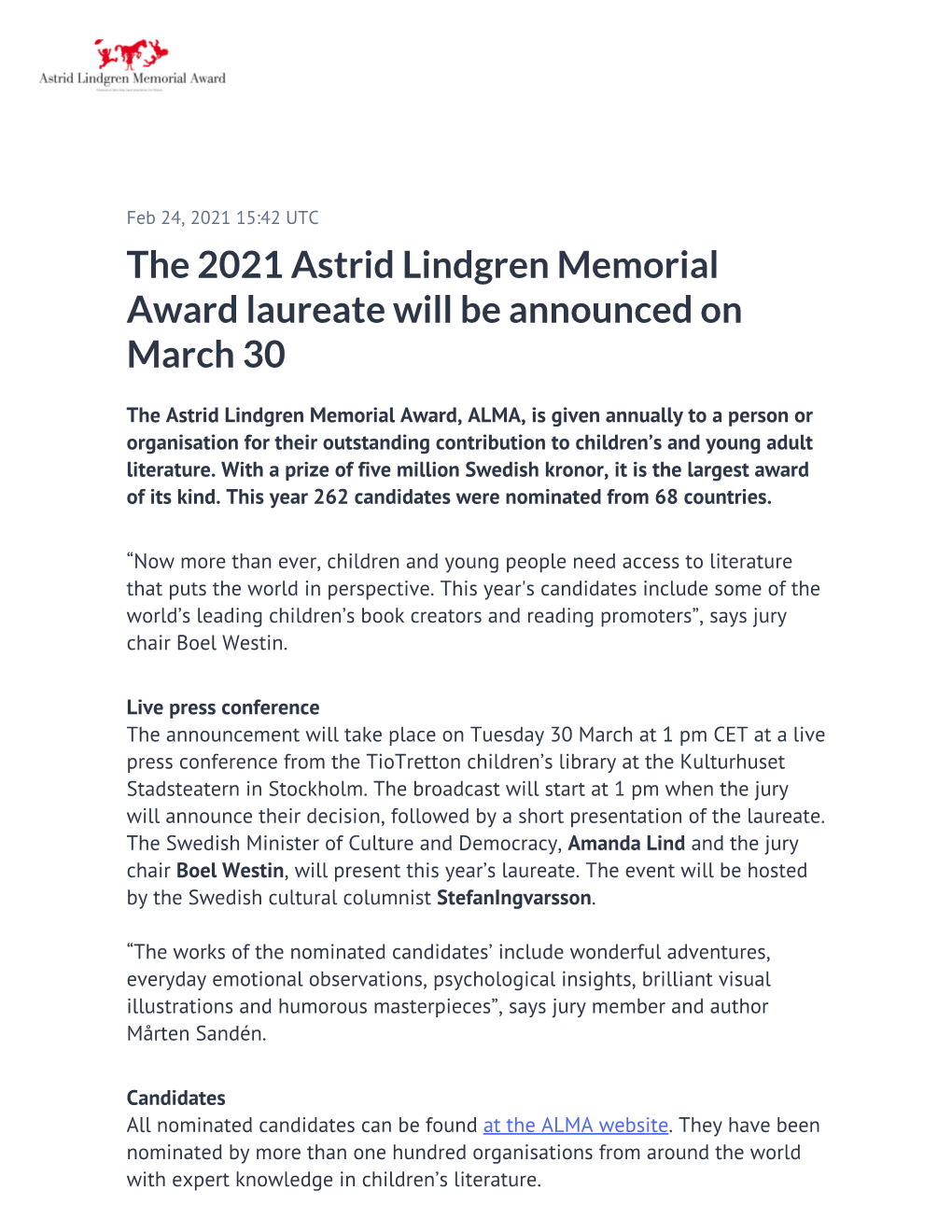 The 2021 Astrid Lindgren Memorial Award Laureate Will Be Announced on March 30