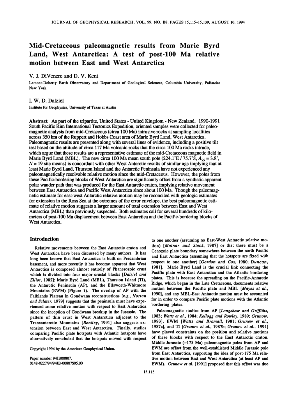 Cretaceous Paleomagnetic Results from Marie Byrd Land, West Antarctica: a Test of Post-100 Ma Relative Motion Between East and West Antarctica