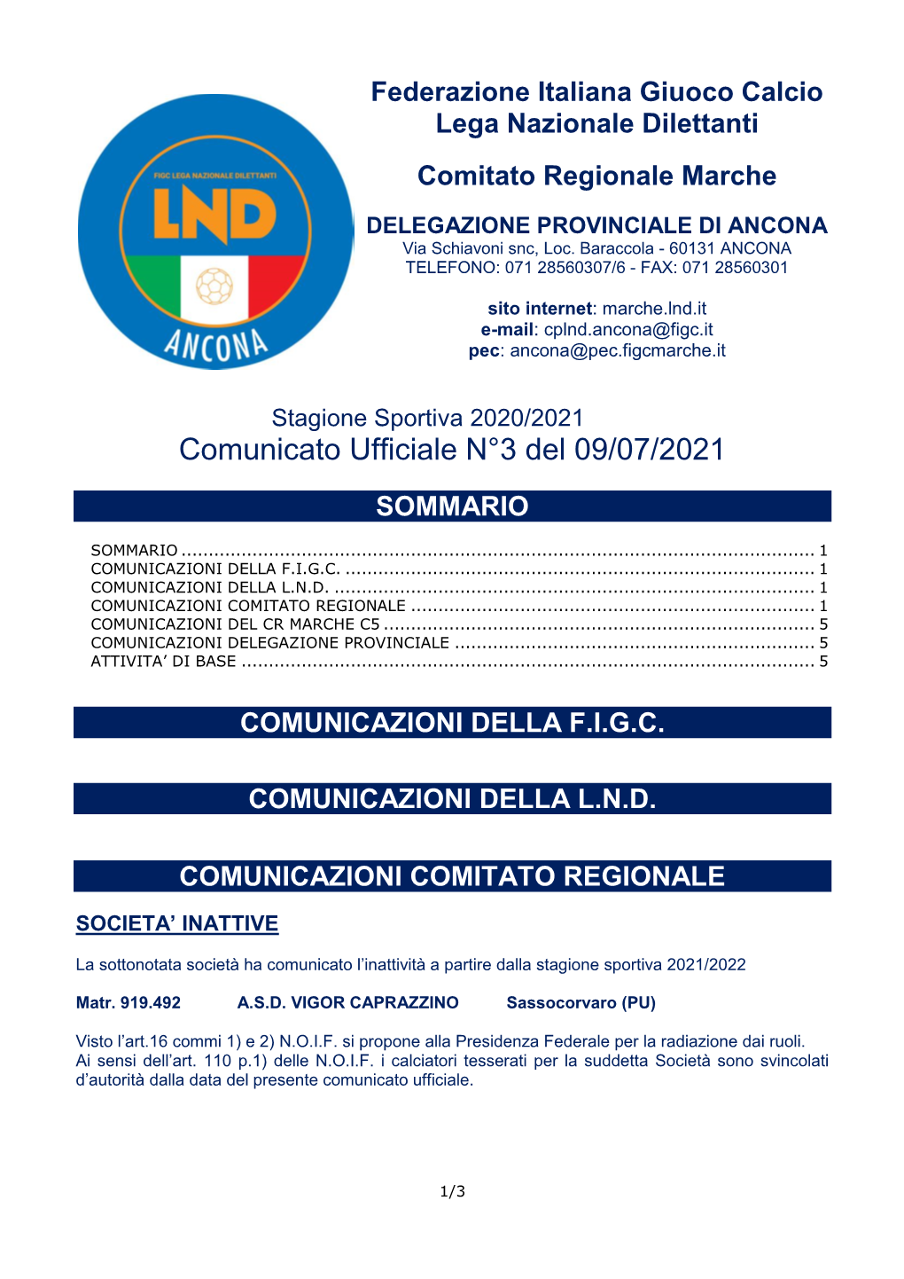 Comunicato Ufficiale N°3 Del 09/07/2021