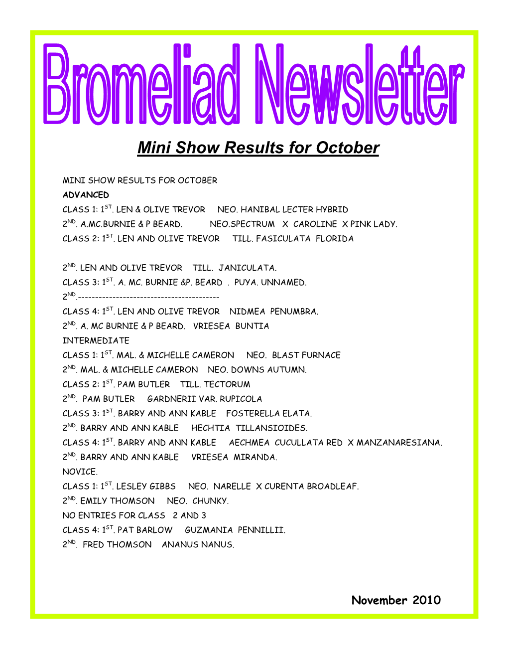 Bromeliad Newsletternovr 2010