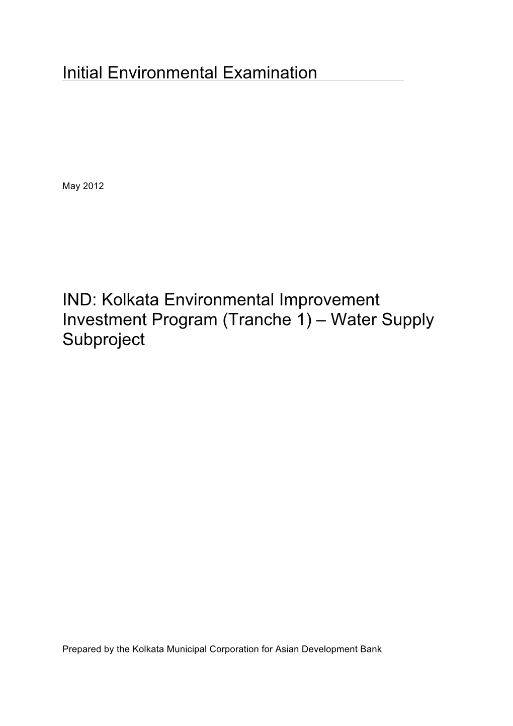 IEE: India: Water Supply Subproject, Kolkata