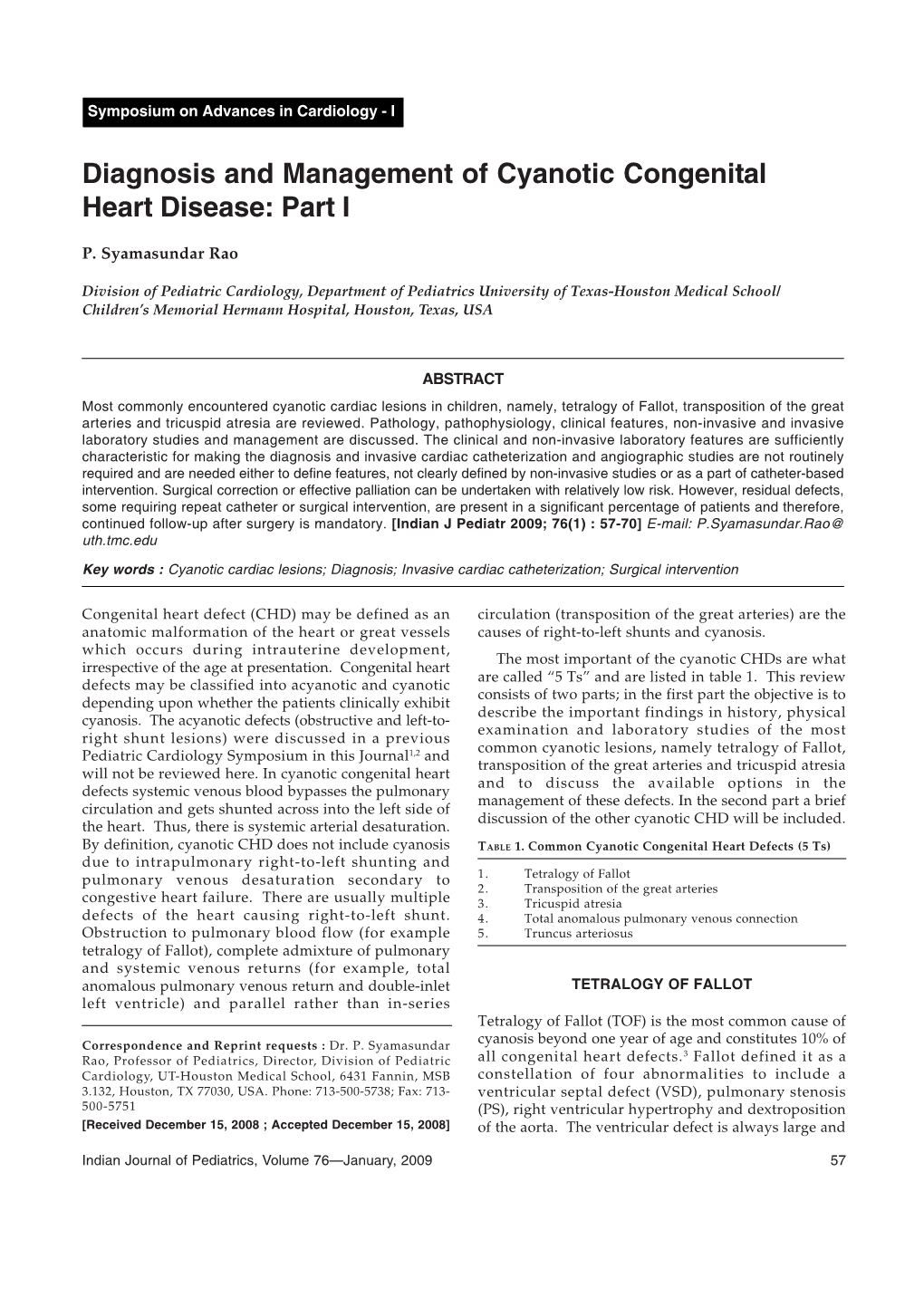 Diagnosis and Management of Cyanotic Congenital Heart Disease: Part I