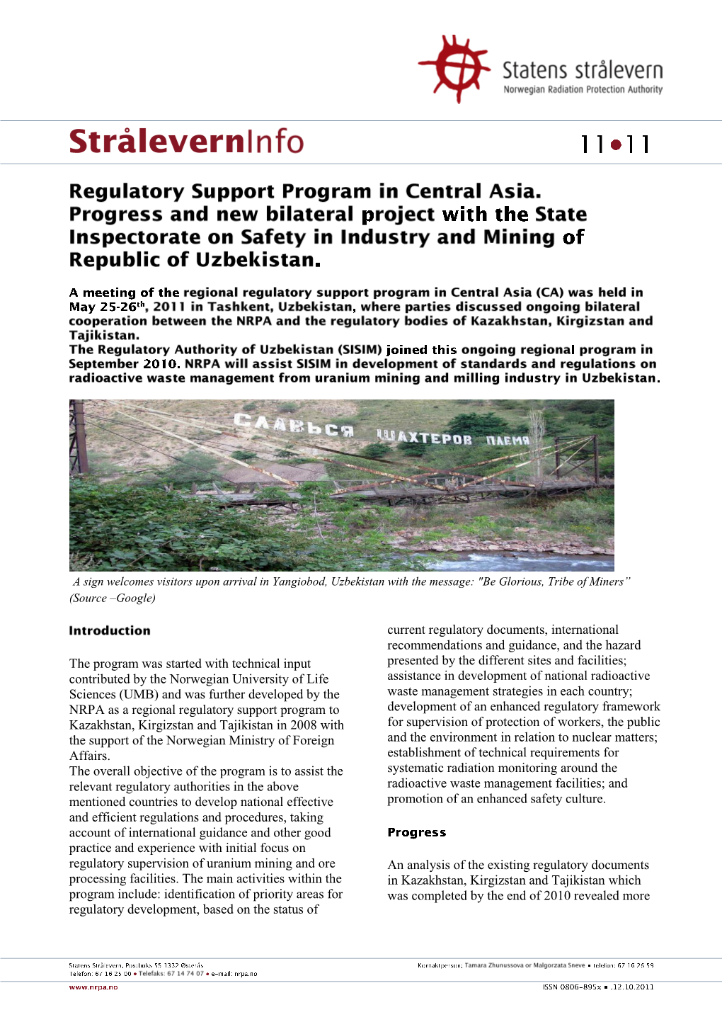 Stråleverninfo 11:2011 Regulatory Support Program in Central Asia