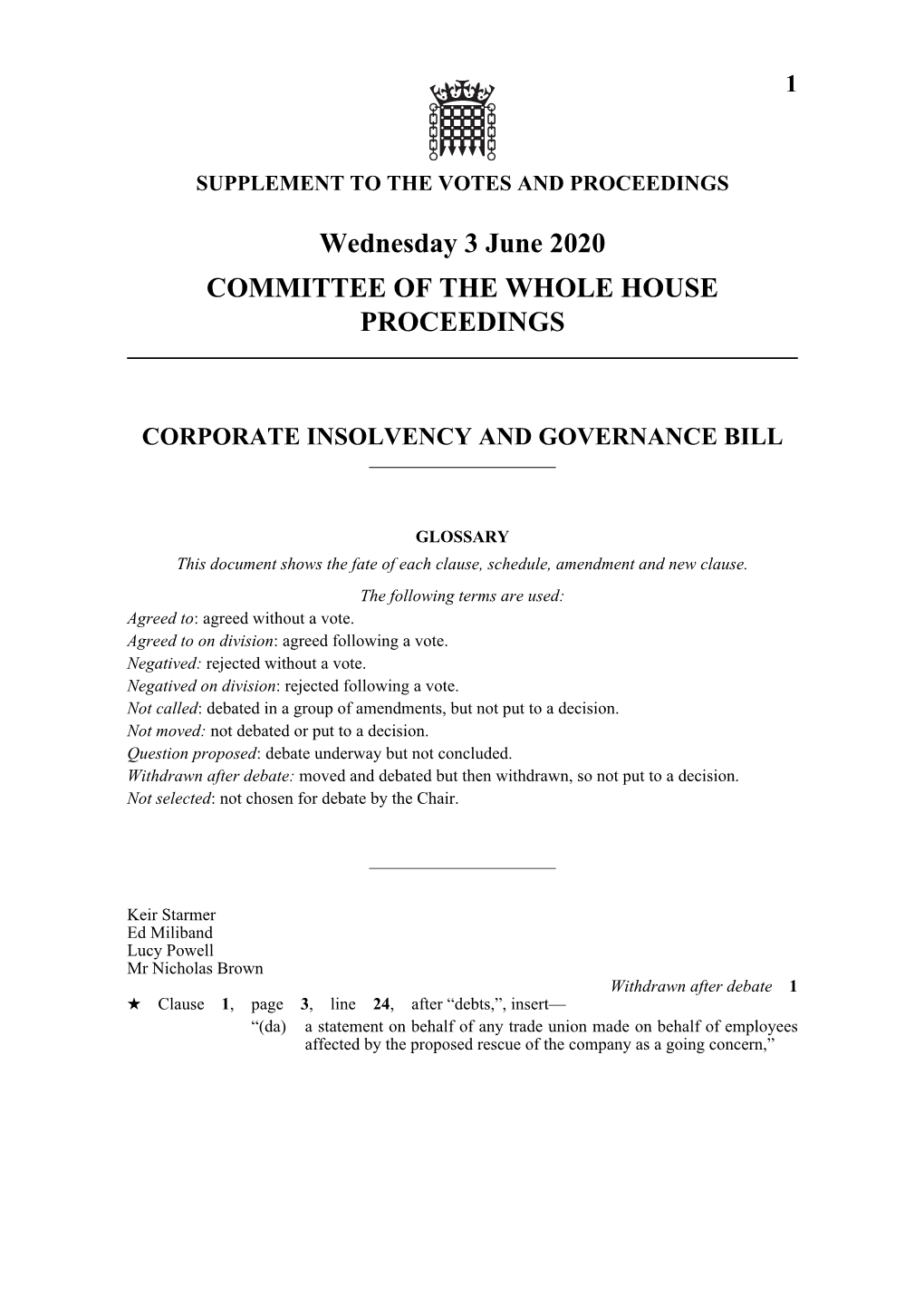 Wednesday 3 June 2020 COMMITTEE of the WHOLE HOUSE PROCEEDINGS