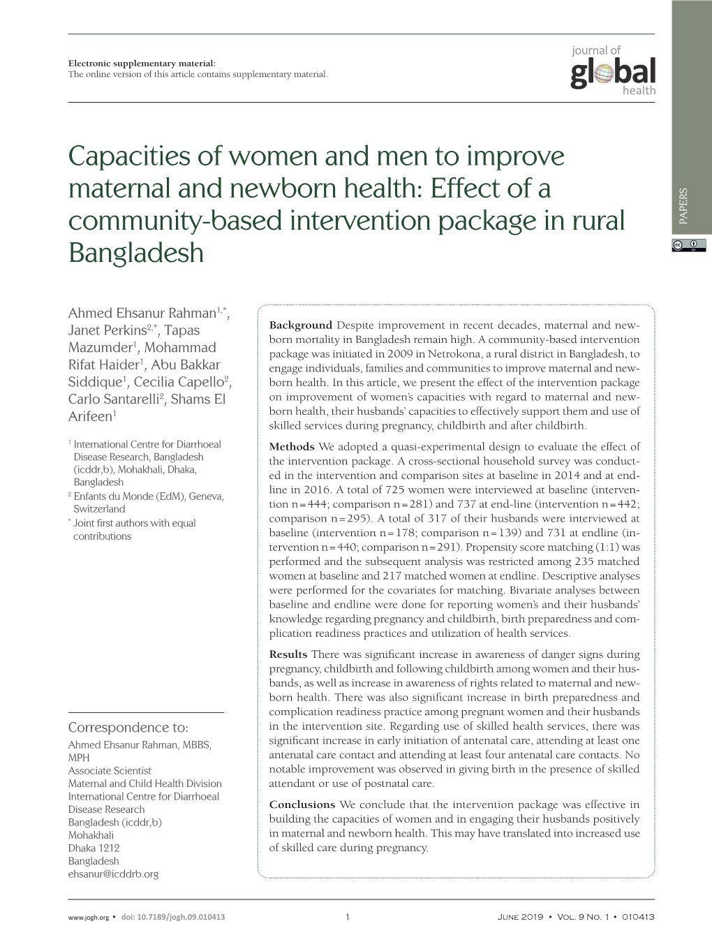 Capacities of Women and Men to Improve Maternal and Newborn Health: Effect of a Community-Based Intervention Package in Rural PAPERS VIEWPOINTS Bangladesh