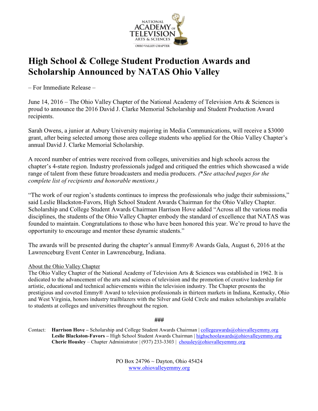 High School and College Student Production Awards