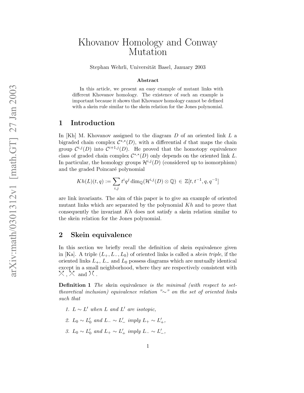 [Math.GT] 27 Jan 2003 Khovanov Homology and Conway Mutation