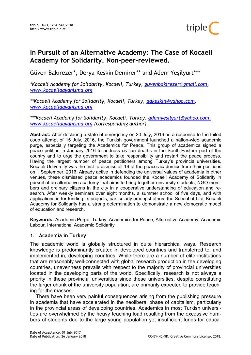 The Case of Kocaeli Academy for Solidarity. Non-Peer-Reviewed