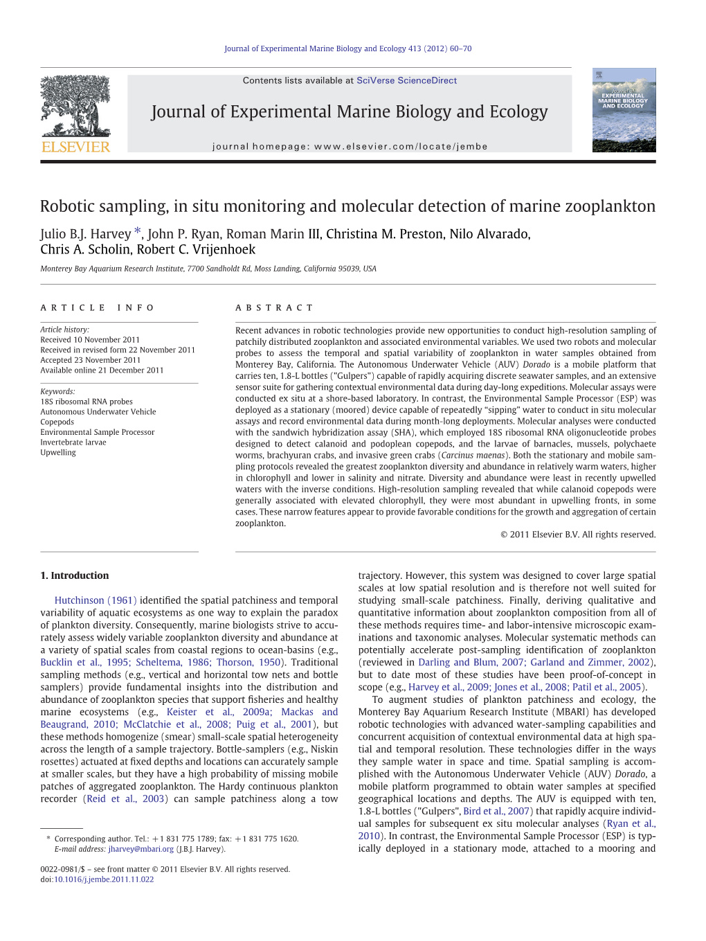 Robotic Sampling, in Situ Monitoring and Molecular Detection of Marine Zooplankton