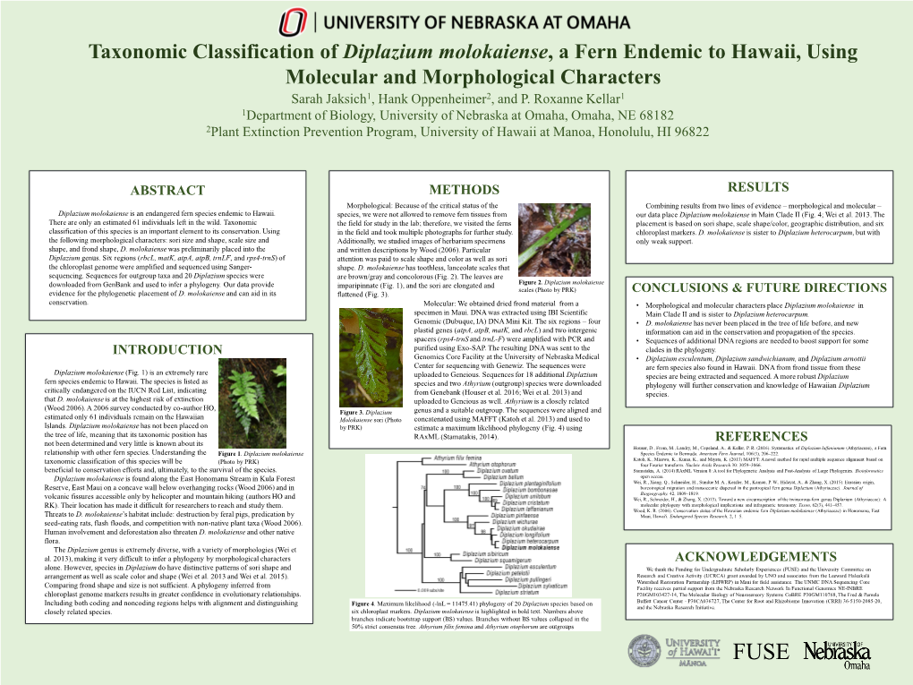 Taxonomic Classification of Diplazium Molokaiense, a Fern Endemic to Hawaii, Using Molecular and Morphological Characters Sarah Jaksich1, Hank Oppenheimer2, and P