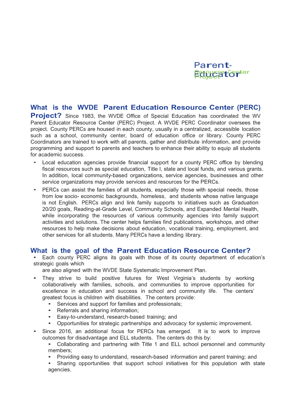 WVDE Parent Education Resource Centers (PERC) Project