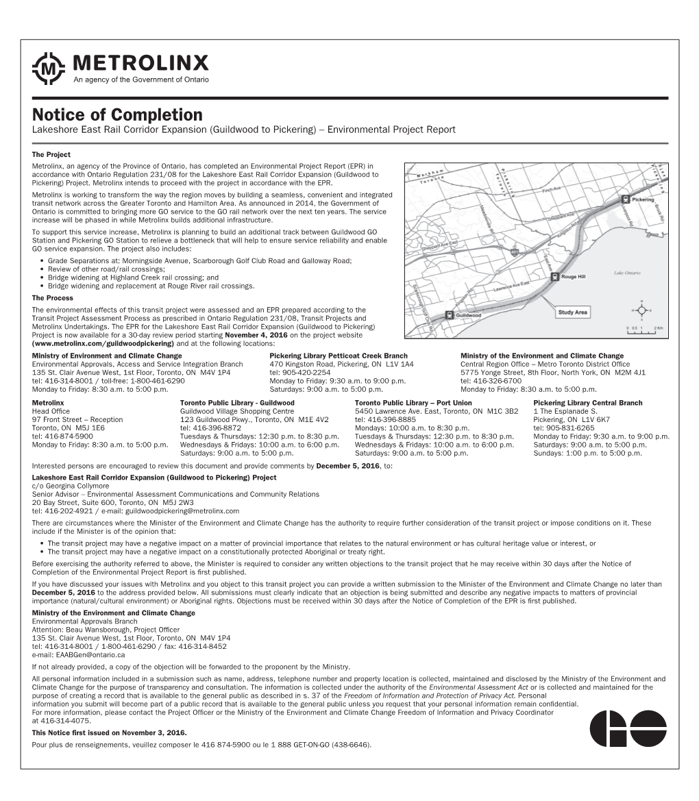 Notice of Completion Lakeshore East Rail Corridor Expansion (Guildwood to Pickering) – Environmental Project Report