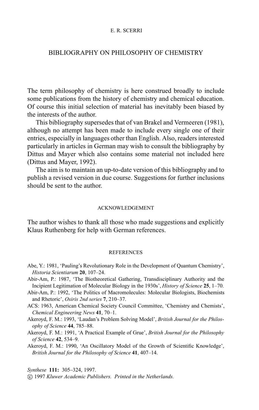 Bibliography on Philosophy of Chemistry