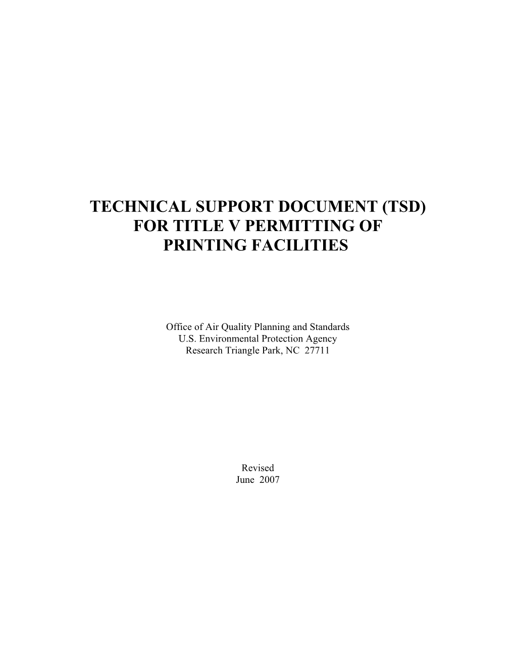 Technical Support Document for Title V Permitting of Printing Facilities