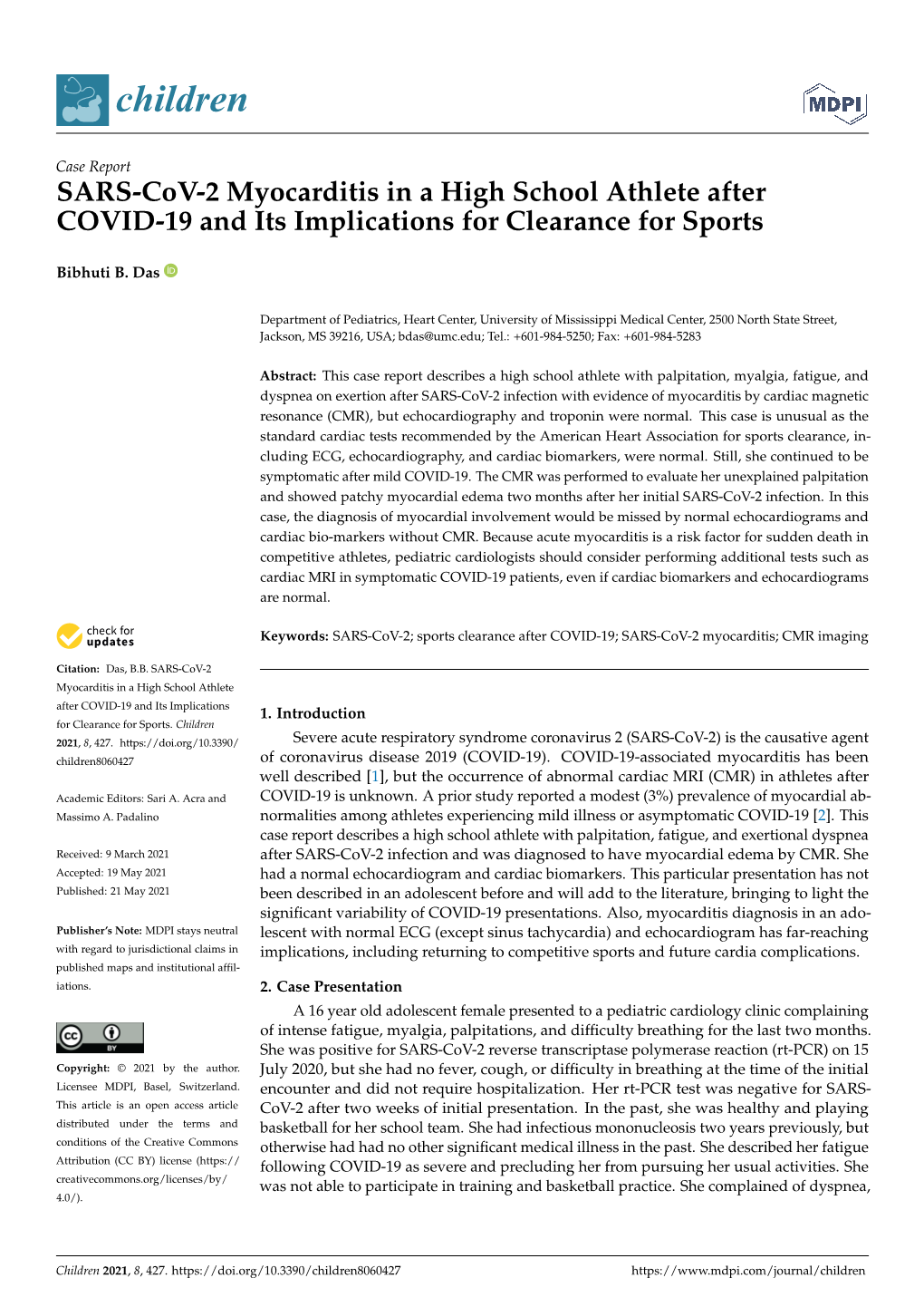 SARS-Cov-2 Myocarditis in a High School Athlete After COVID-19 and Its Implications for Clearance for Sports