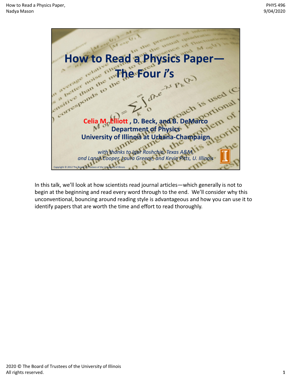 How to Read a Physics Paper— the Four I’S