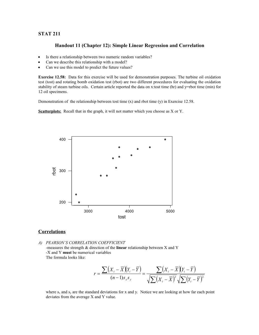 Handout 11 (Chapter 12): Simple Linear Regression and Correlation