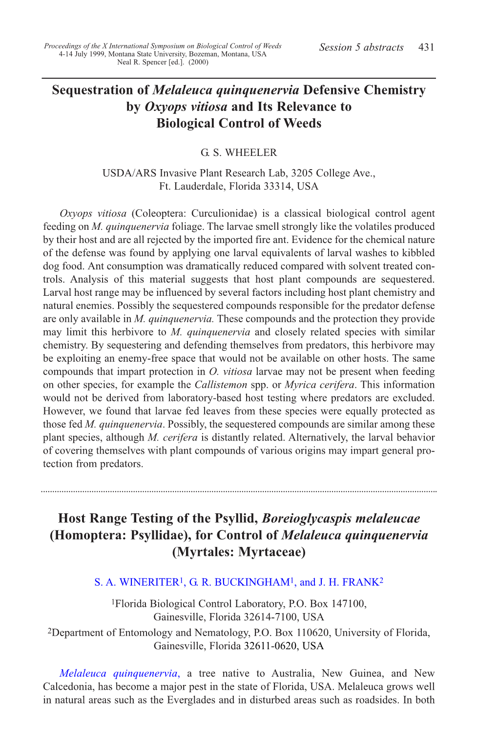 Sequestration of Melaleuca Quinquenervia Defensive Chemistry by Oxyops Vitiosa and Its Relevance to Biological Control of Weeds