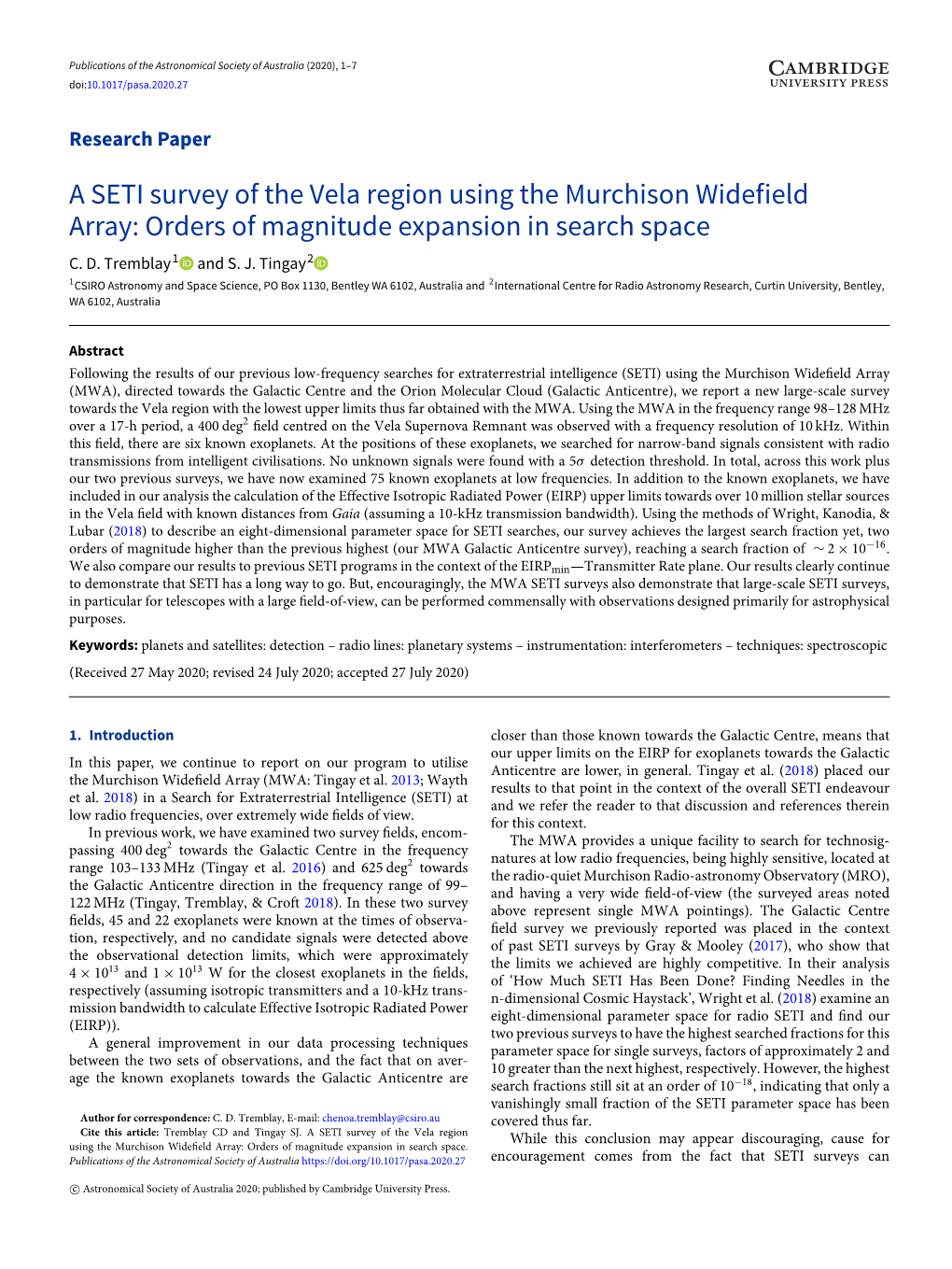 A SETI Survey of the Vela Region Using the Murchison Widefield Array