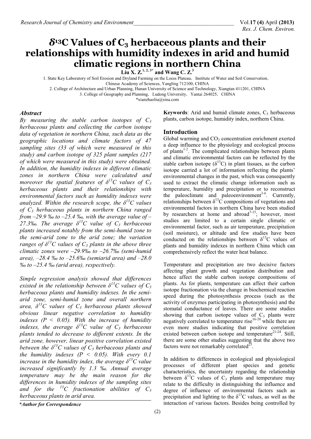 Δ13c Values of C3 Herbaceous Plants and Their Relationships With