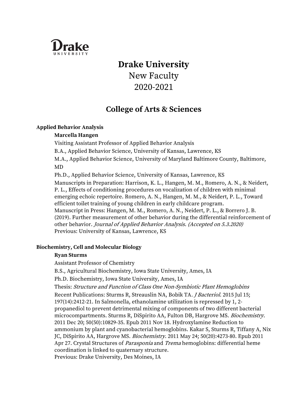 Drake University New Faculty 2020-2021