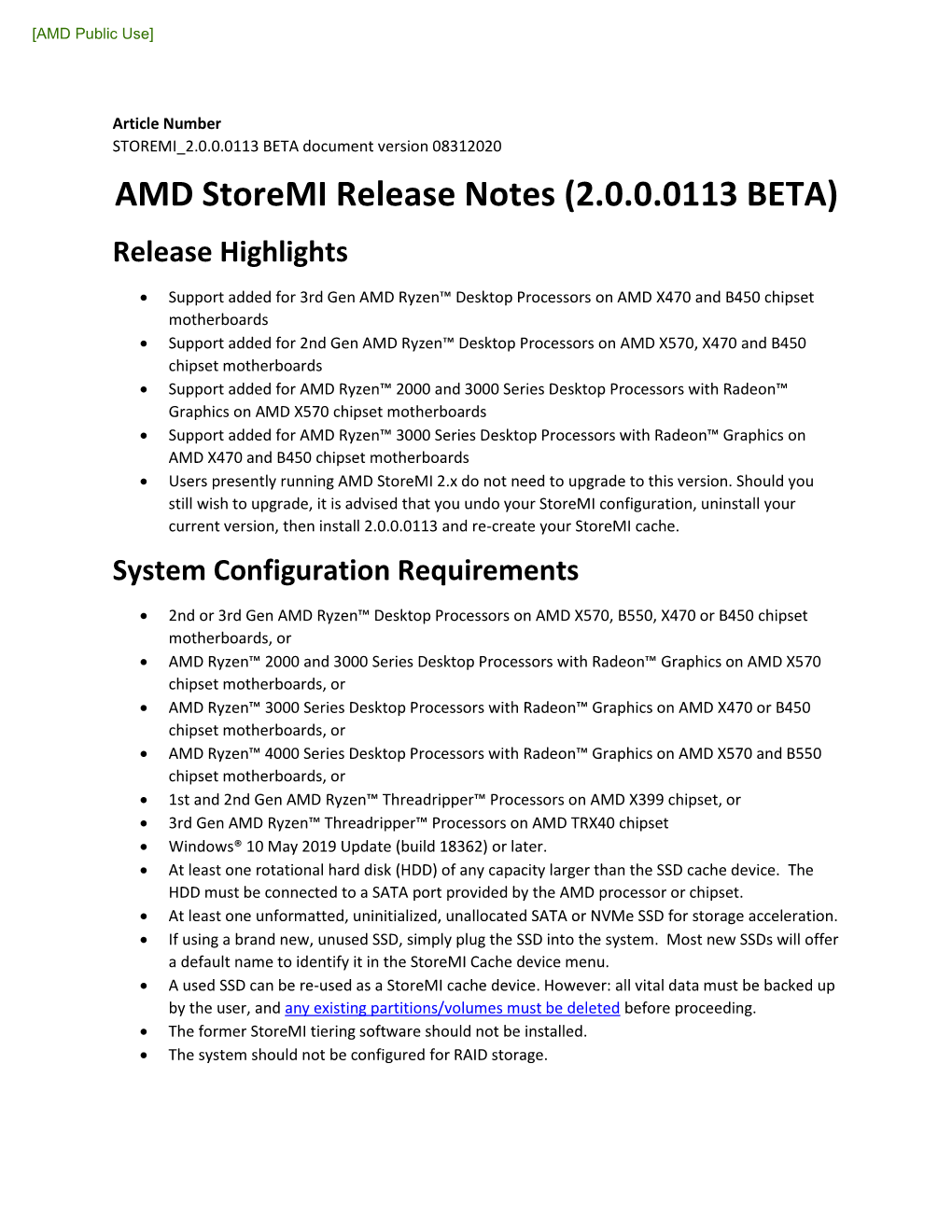 AMD Storemi Release Notes (2.0.0.0113 BETA) Release Highlights