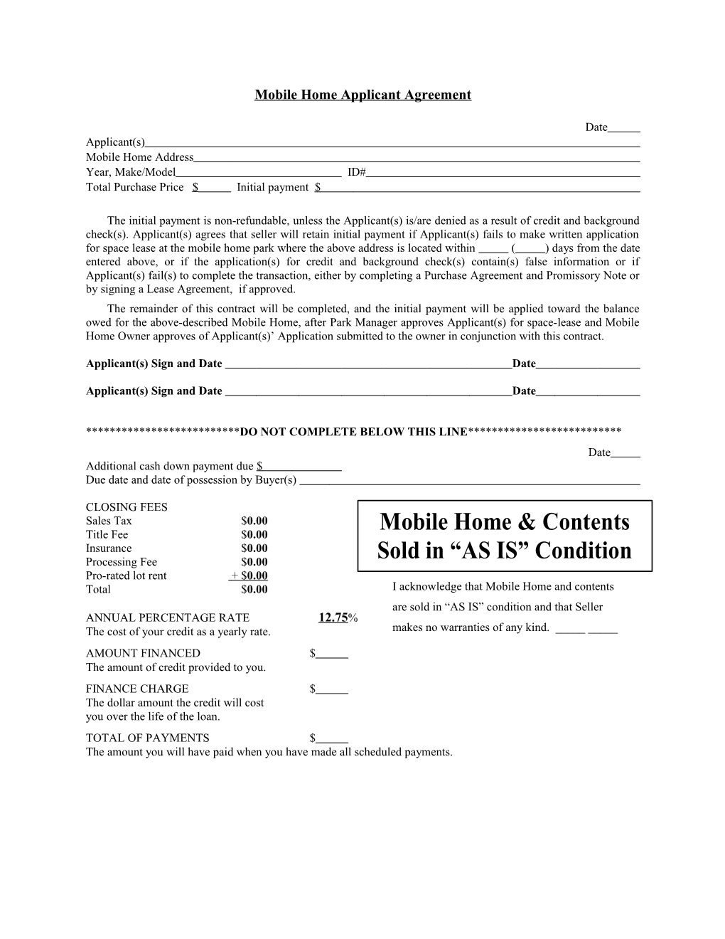Mobile Home Purchase Agreement