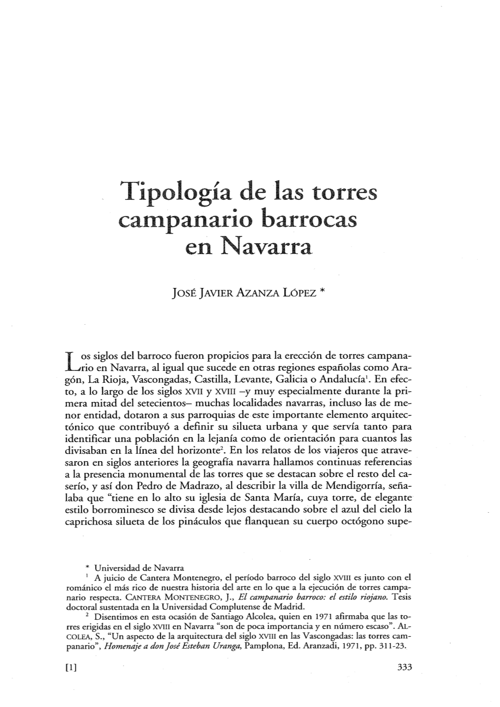 Tipología De Las Torres Campanario Barrocas En Navarra