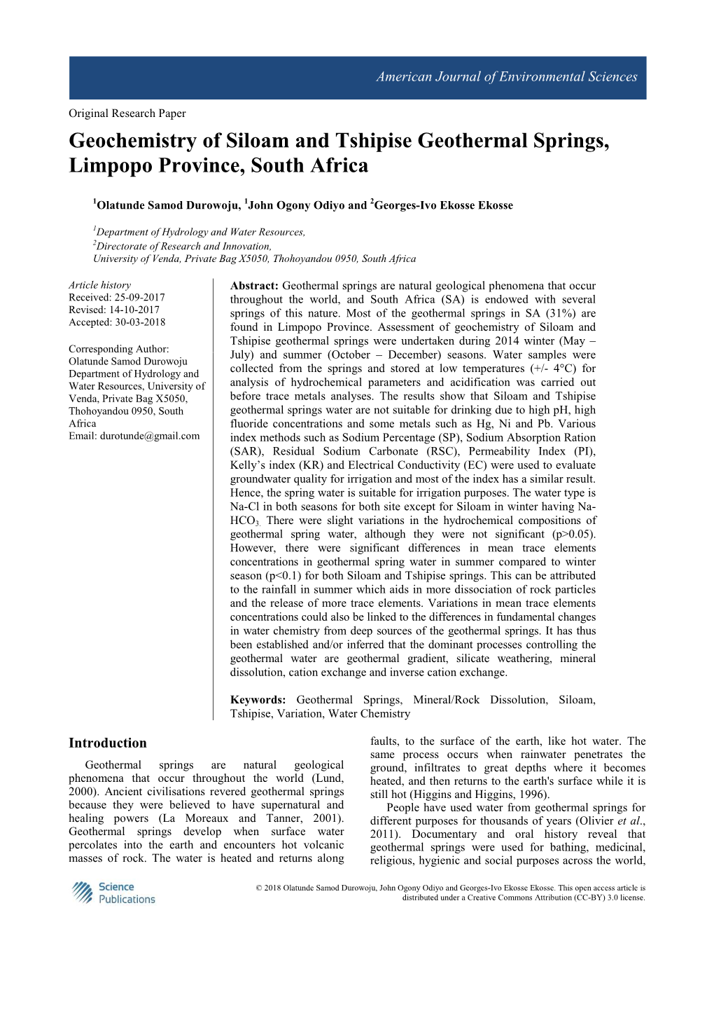 Geochemistry of Siloam and Tshipise Geothermal Springs, Limpopo Province, South Africa