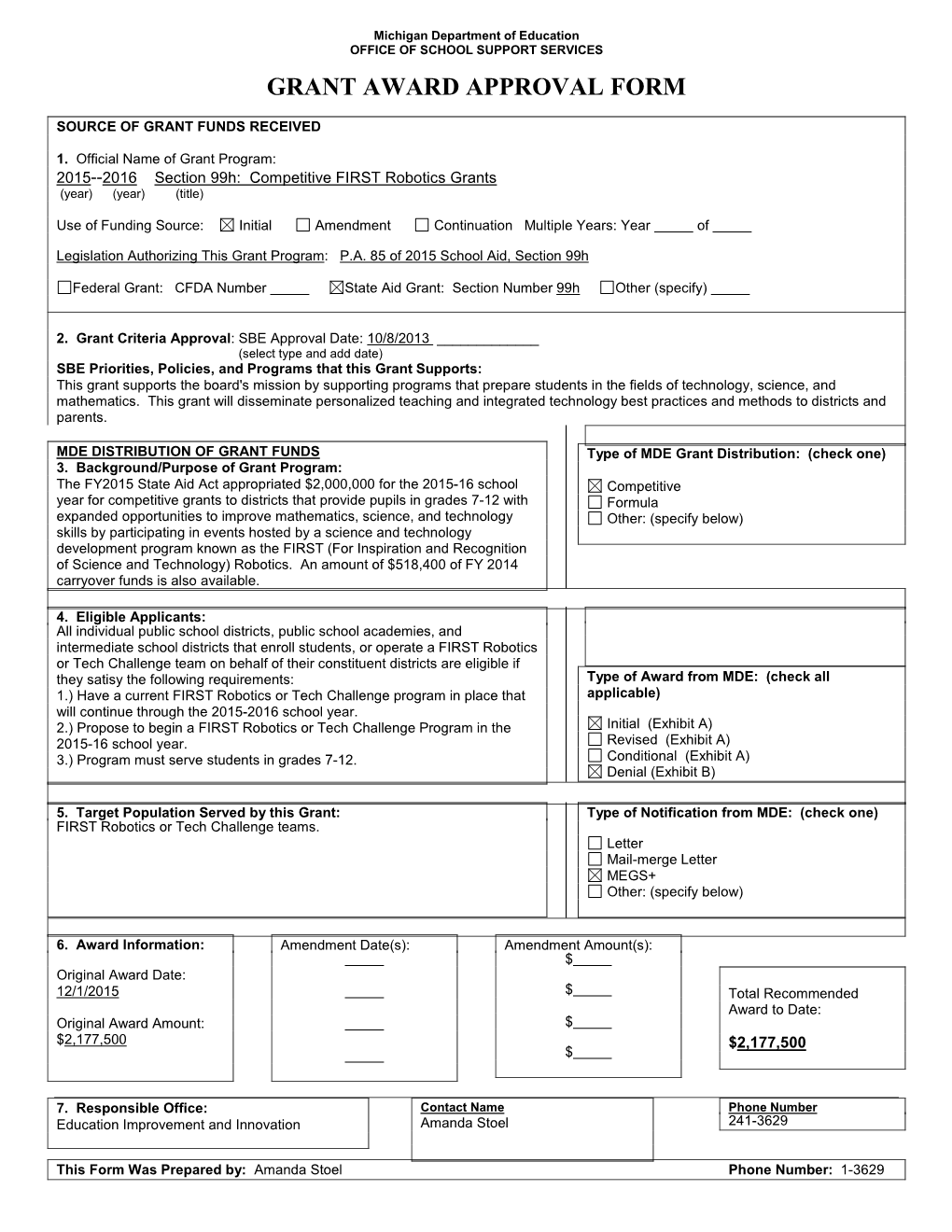 Grant Award Approval Form