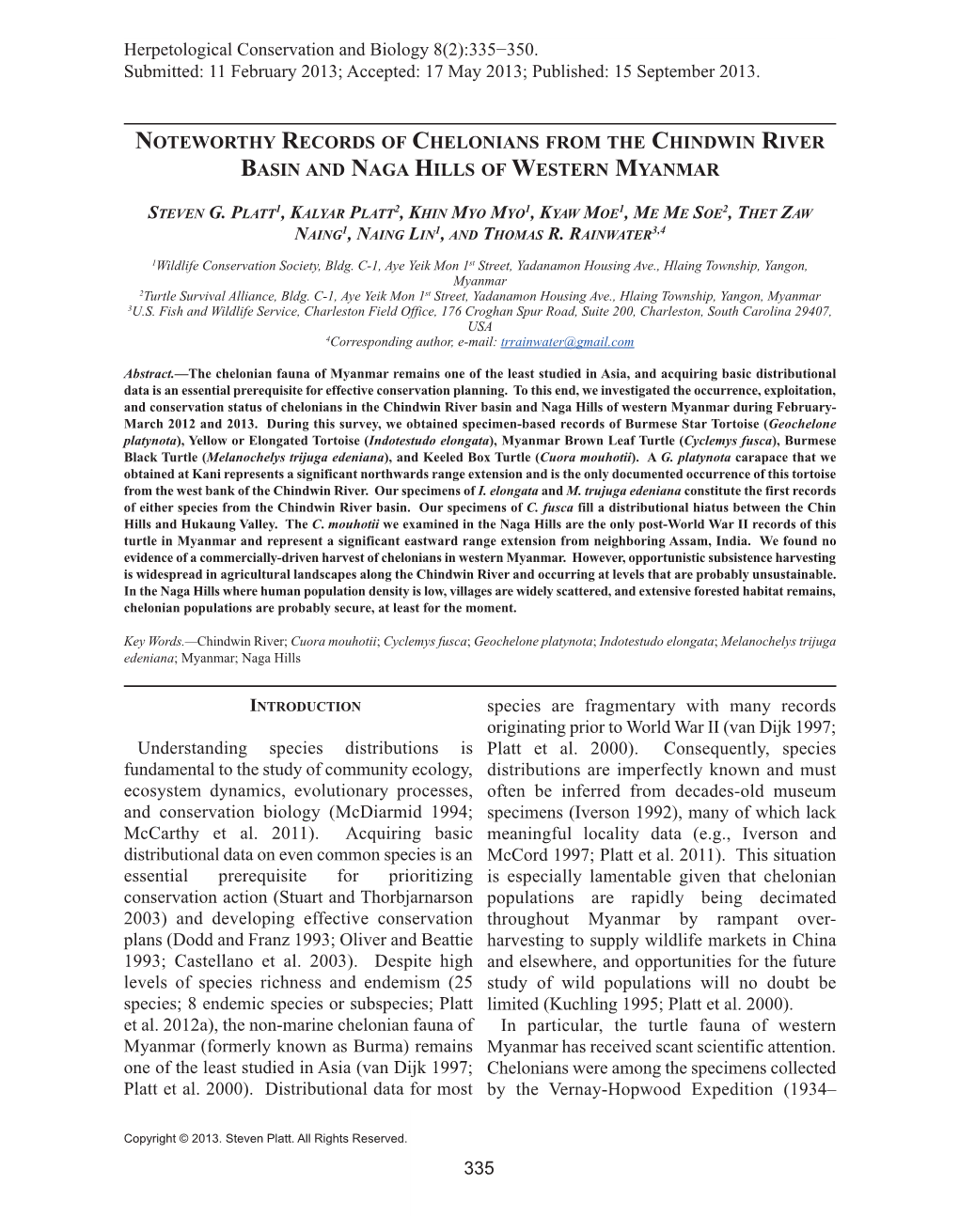 Noteworthy Records of Chelonians from the Chindwin River Basin and Naga Hills of Western Myanmar