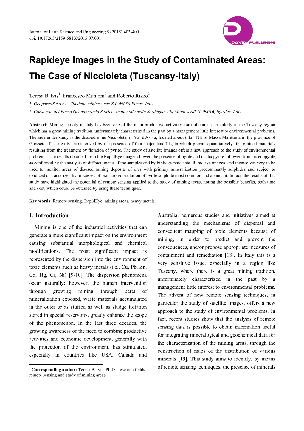 Rapideye Images in the Study of Contaminated Areas: the Case of Niccioleta (Tuscansy-Italy)