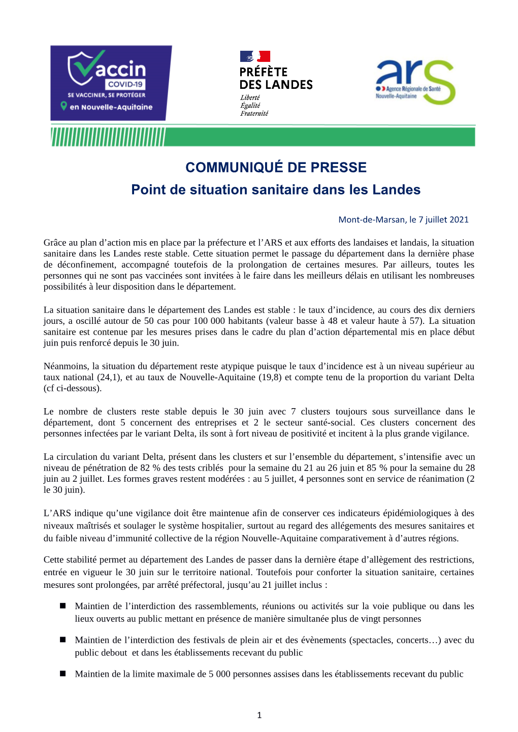 COMMUNIQUÉ DE PRESSE Point De Situation Sanitaire Dans Les Landes