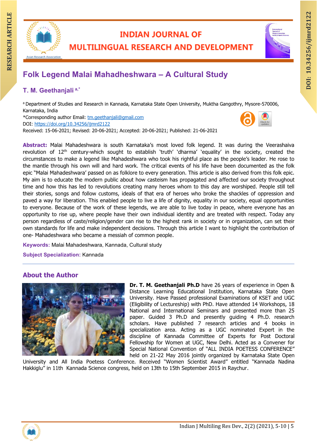 Folk Legend Malai Mahadheshwara – a Cultural Study, Indian Journal of Multilingual Research and Development, Vol 2, Iss 2 (2021) 5-10