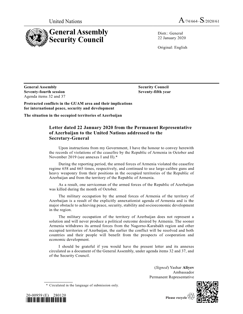 Letter Dated 22 January 2020 from the Permanent Representative of Azerbaijan to the United Nations Addressed to the Secretary-General