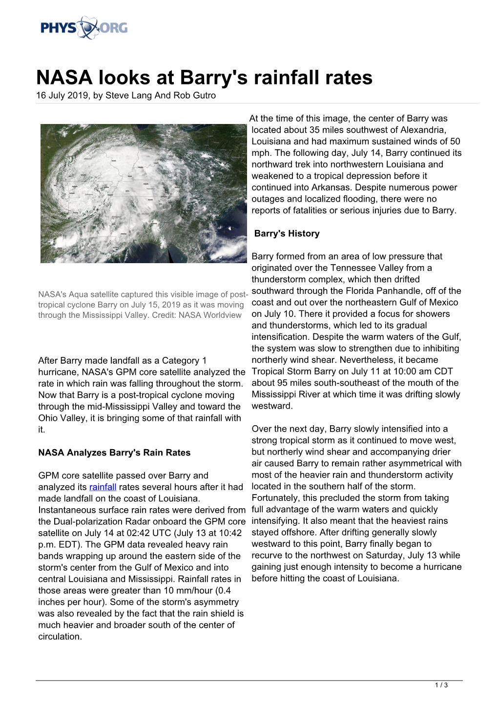 NASA Looks at Barry's Rainfall Rates 16 July 2019, by Steve Lang and Rob Gutro