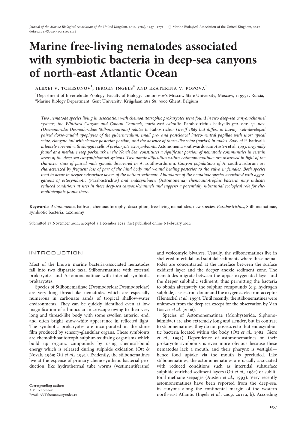 Marine Free-Living Nematodes Associated with Symbiotic Bacteria in Deep-Sea Canyons of North-East Atlantic Ocean Alexei V