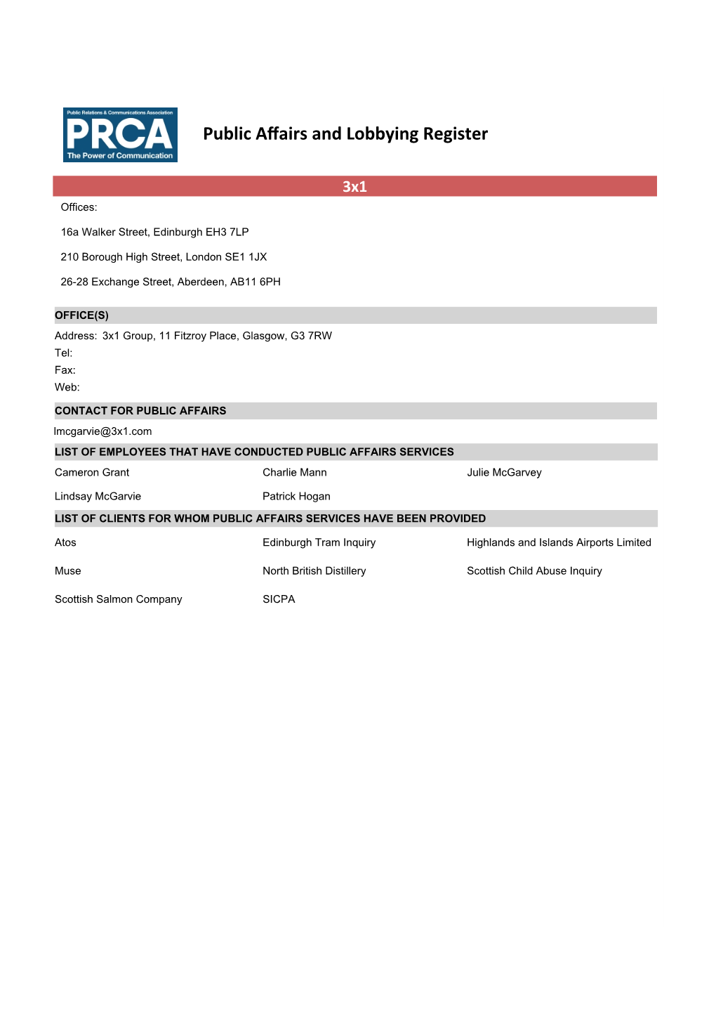 Public Affairs and Lobbying Register