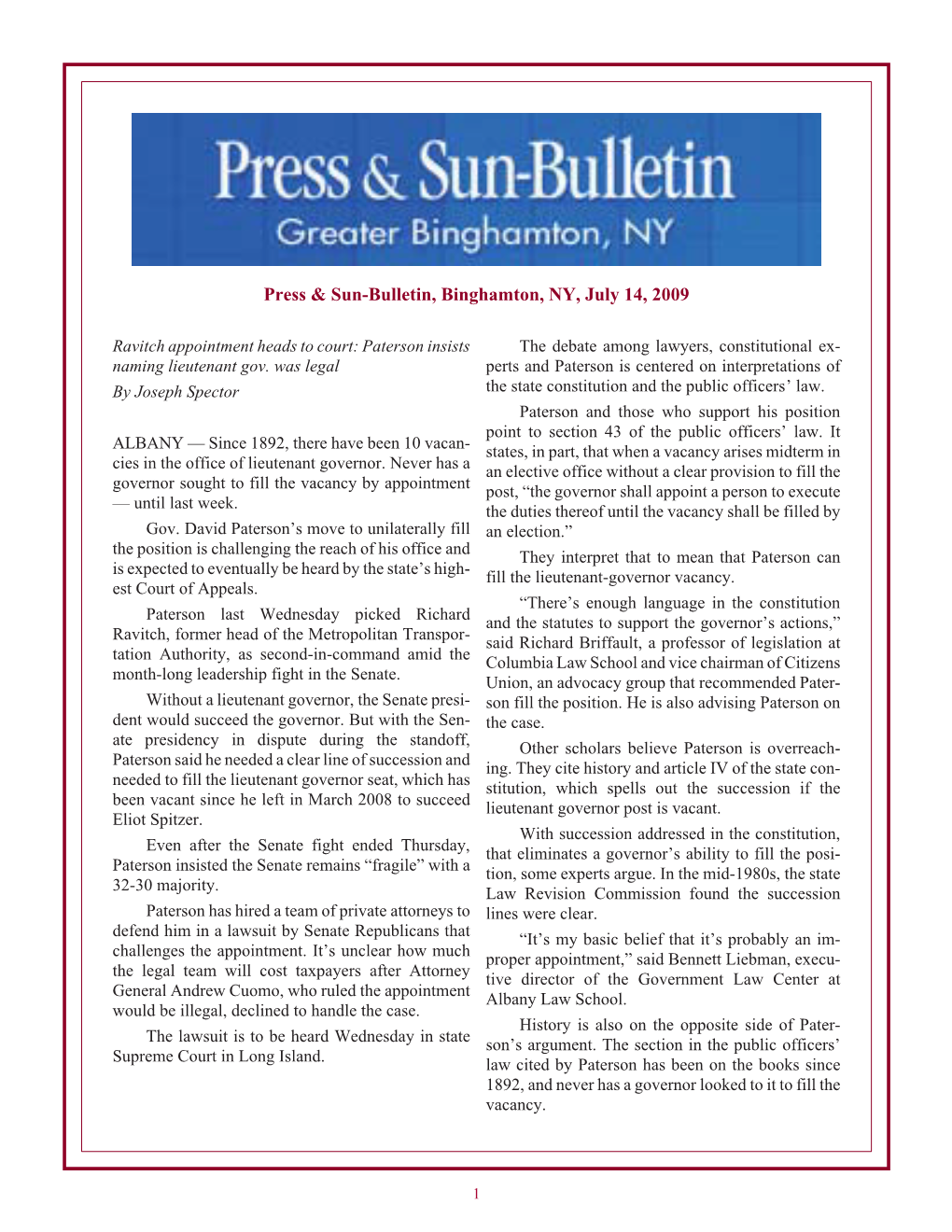 Press & Sun-Bulletin, Binghamton, NY, July 14, 2009