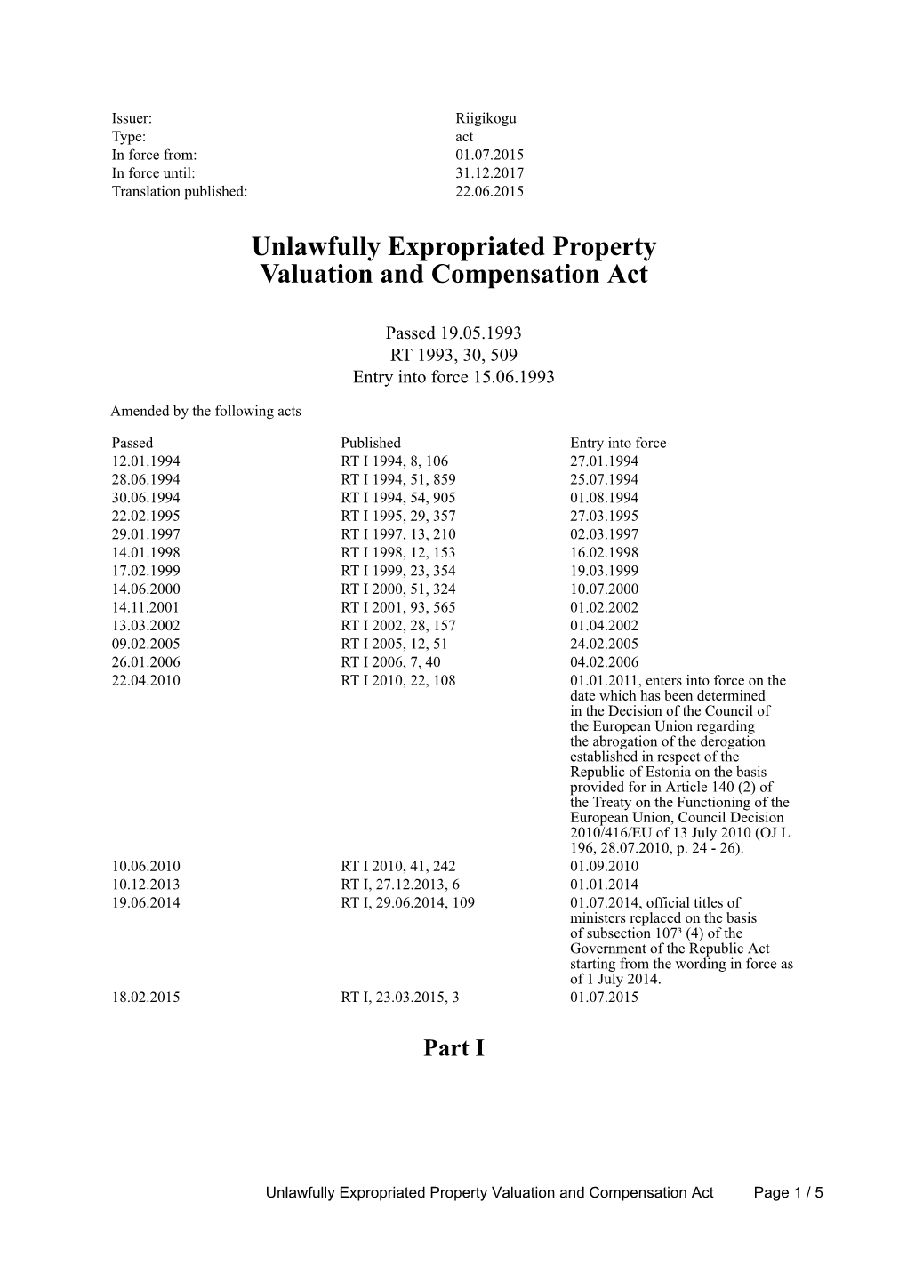 Unlawfully Expropriated Property Valuation and Compensation Act