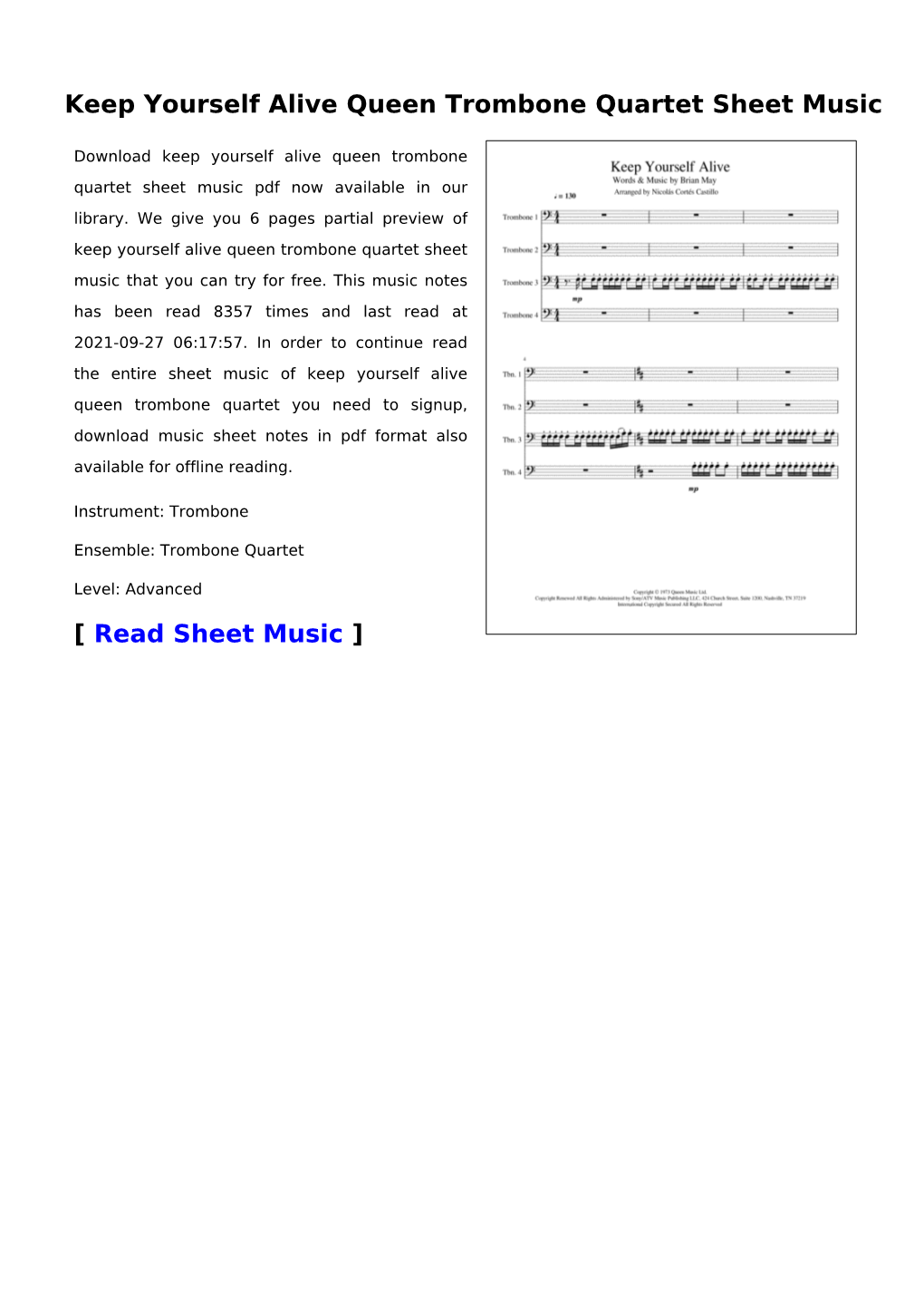 Keep Yourself Alive Queen Trombone Quartet Sheet Music