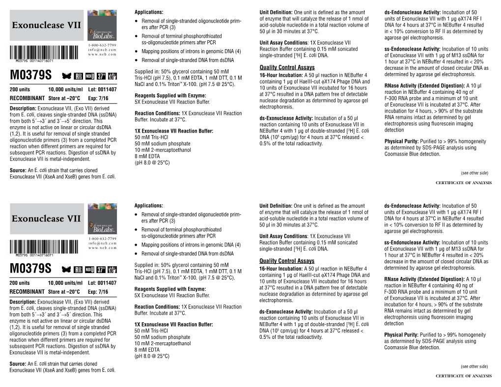 Datasheet for Exonuclease