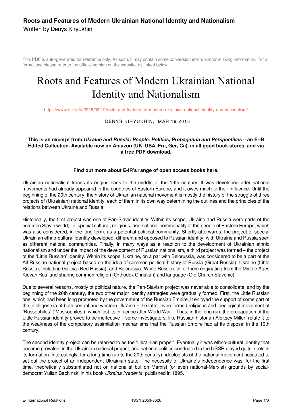 Roots and Features of Modern Ukrainian National Identity and Nationalism Written by Denys Kiryukhin