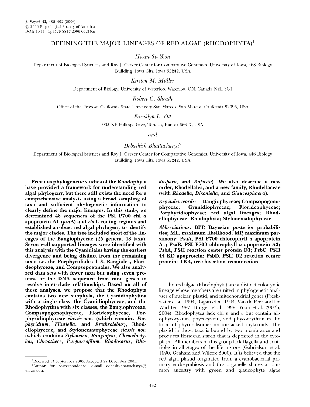 Defining the Major Lineages of Red Algae (Rhodophyta)1