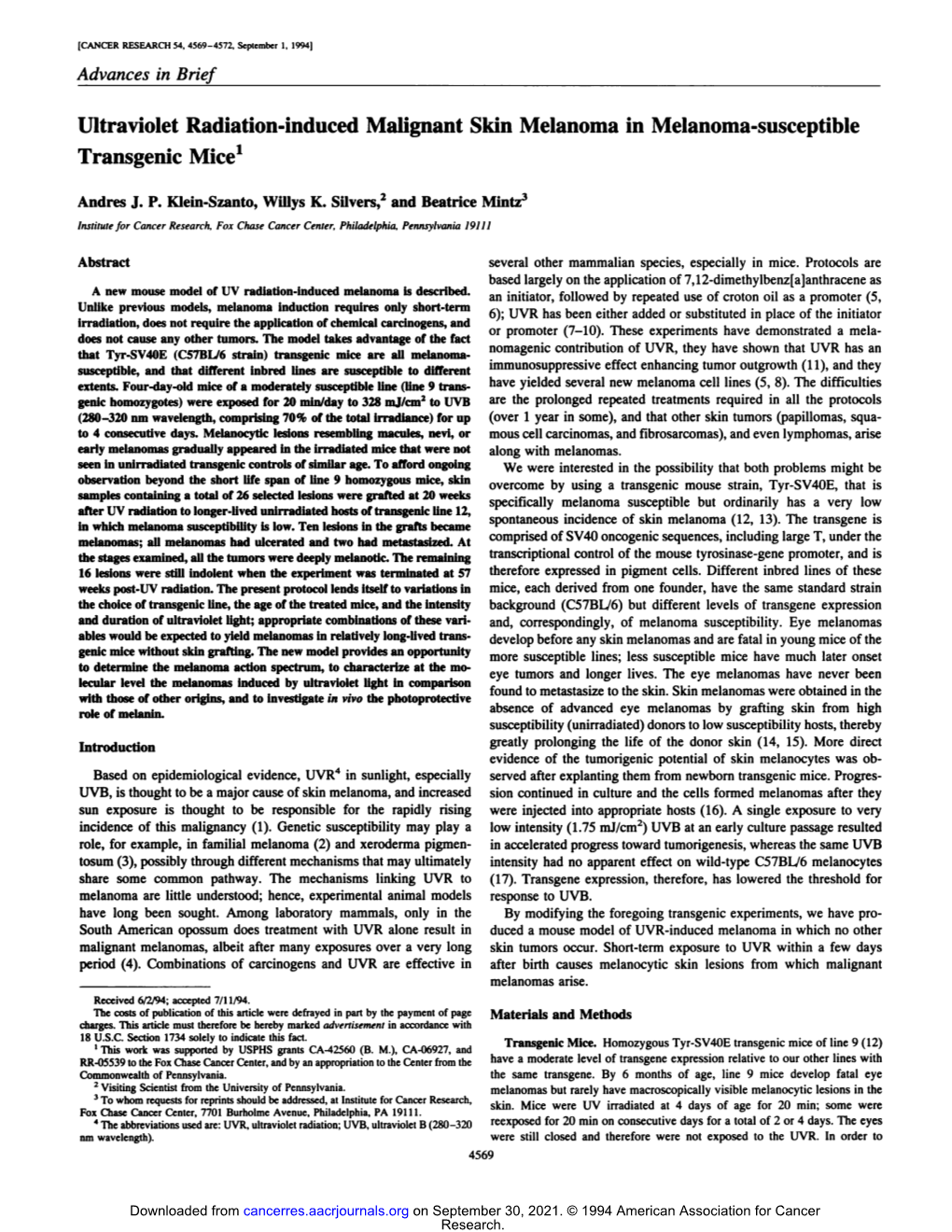 Ultraviolet Radiation-Induced Malignant Skin Melanoma in Melanoma-Susceptible Transgenic Mice1